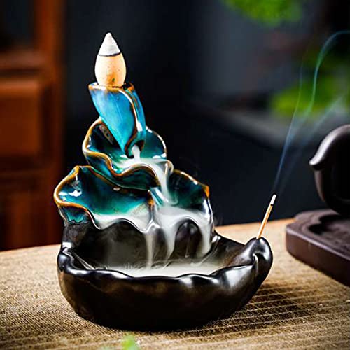 Ceramic Incense Holder Backflow Handcraft Lotus Incense Burner with 30 Incense Cones 1 Tweezer 1 Mat 30 Sticks for Home Decoration Ornament Aromatherapy and Meditation