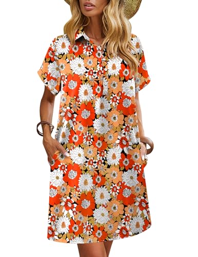 Image of HOTOUCH Womens Summer Shirt Dress 2026 Short Sleeve Floral Shift Dress Casual Loose Flowy Beach Sundress with Pockets