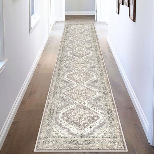 KUTA Oriental Washable Runner Rug, 2x10 Non-Slip Vintage Hallway Kitchen Long Rugs Ivory Grey Yellow Ultra Soft Printed Distressed Tribal Farmhouse Runners for Bedroom Living Room