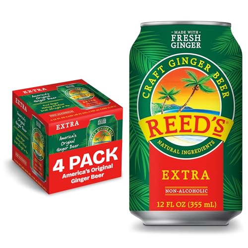 Reeds Extra Ginger Beer Pack of 4 (12 fl oz Can each) - Non-Alcoholic Jamaican Real Sugar Brew Made w/ Fresh Organic Ginger Root - Ideal for Moscow Mule Cocktails & Mocktails - No Artificial Flavors