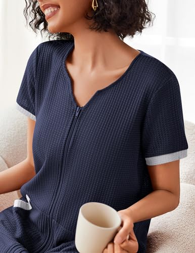 Ekouaer Women Zipper Robe Waffle Short Sleeve Bathrobes Lightweight Knee Length Housecoat with Pockets S-3XL2