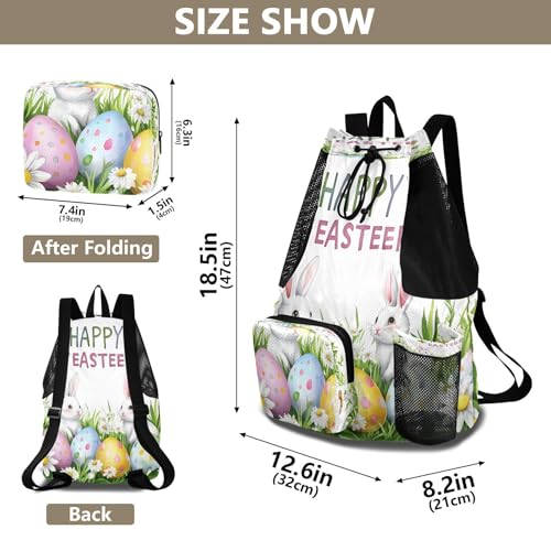 Mesh Gym Swimming Bags for Men & Women, Easter Bunny Butterfly Flowers Large Drawstring Backpack with Dry-Wet Pocket, Lightweight Gym Bag for Sports, Travel, Beach, Workout Gear2
