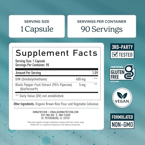 Image of DIM Supplement 400MG Extra Strength, Hormone Balance for Men & Women, 90 Ct | Menopause Acne Hot Flashes Prostate & Antioxidant Support, Third-Party Tested, Non-GMO, Soy-Free, Gluten-Free, 90 Capsules
