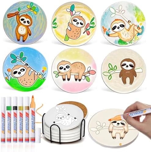 DoYoMo Paint Your Own Sloth Coaster with Markers,Teens Arts and Crafts Kit,6 Absorbent Ceramic Tiles with Cork Base,DIY Painting Kits Sloth Gifts for Women,Craft Enthusiasts All Ages,Seniors,Adults