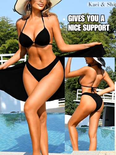 Kaei&Shi Women 3 Piece Swimsuits, Halter Ribbed Bikinis Set, Cover Up Skirt3