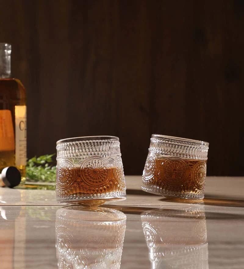 Image of Spinning Vintage Embossed Whiskey Glass - 170ml - Set of 4, Retro Patterned Tumbler for Whiskey, Scotch, Bourbon & Cocktails - Lead-Free Crystal Drinkware (4, Rotating Embossed)