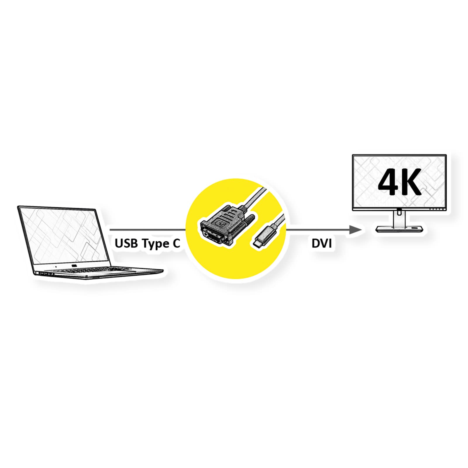 ROLINE Câble adaptateur USB C DVI I Câble adaptateur avec USB 3.1 type C et DVI D 24+1 Dual Link mâle I 4K UHD 60Hz I noir, 2m