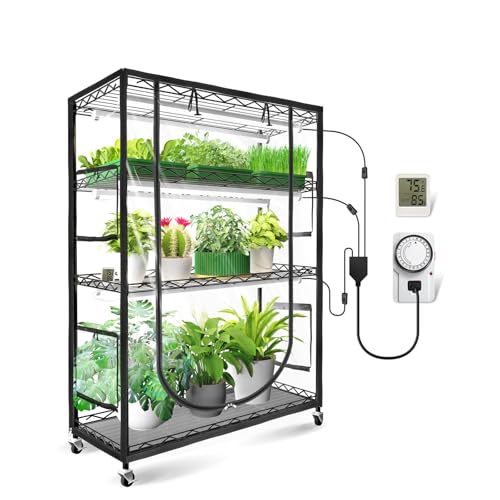 JESLED Indoor Greenhouse with Grow Light 3FT Full Spectrum 5000K LED Light for Seed Starting Tiered Lighting Control Built-in Timer & Thermo-Hygrometer Rolling Metal Plant Stand (35.4x13.8x59IN)