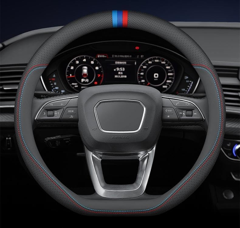Leather Steering Wheel Cover Compatible with Volkswagen VW Tiguan Atlas ID.4 Taos Golf Passat Jetta Polo Beetle Touareg Cross Sport D Shaped Steering Wheel Accessories,Three - Color Logo
