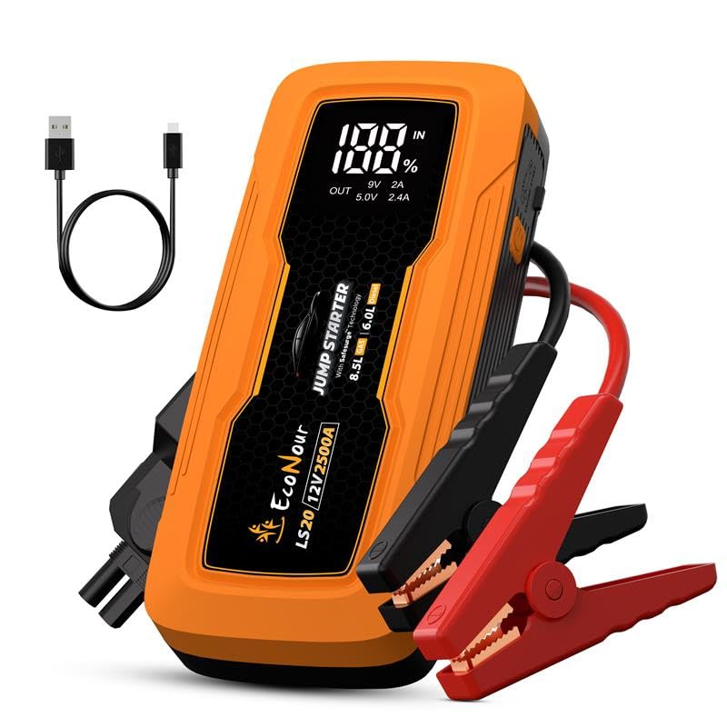 EcoNour 2500A Portable Car Jump Starter 12V Battery Booster Pack Up to 8.5L Gas &amp; 6L Diesel Engines – Jump Box with Jumper Cables, USB Charger, LCD Display, LED Flashlight – for Cars, SUVs, Trucks