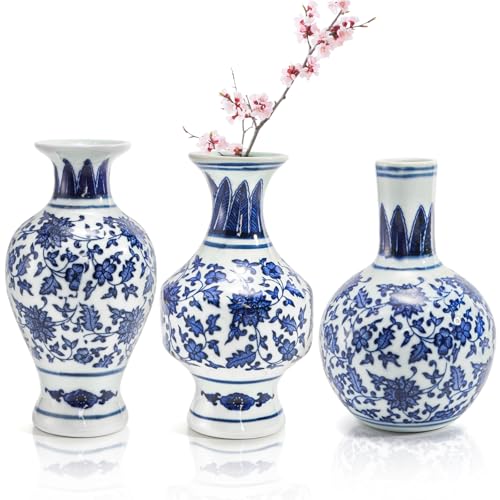 Goaste 3 Pack Small Blue and White Porcelain Vases, 5.5 Inch Tall...