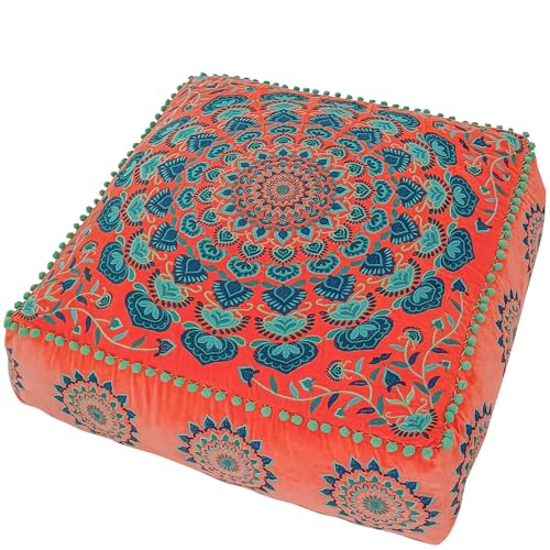 Mandala Life ART Orange Velvet Pouf Cover - Soft Sqare