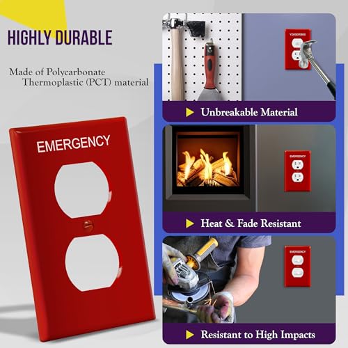 Image of ENERLITES Duplex Receptacle Outlet Wall Plate with Emergency Label, Electrical Outlet Cover, Mid-Size Size 1-Gang 4.88 inch x 3.11 inch, Unbreakable Polycarbonate Thermoplastic, UL Listed, 8821M-ER, Red