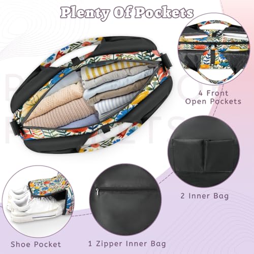 Yoga Bag for Women，Waterproof Polyester Gym Bag Detachable Strap,Shoe Pocket，Double Zipper,Plant Wildflowers Multi-color Duffel Bags3
