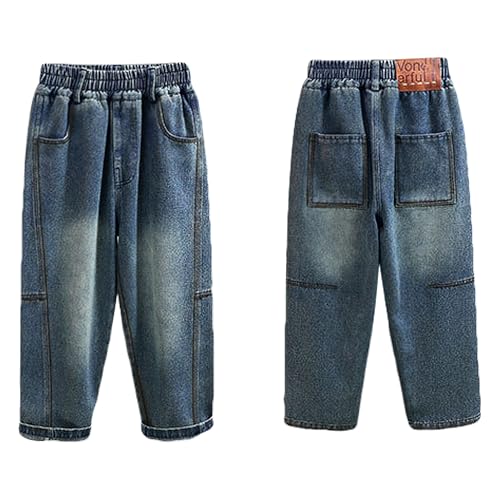 Kid Boy Baggy Denim Jeans Elastic Mid Waist Washed Full Length Tapered Pants2