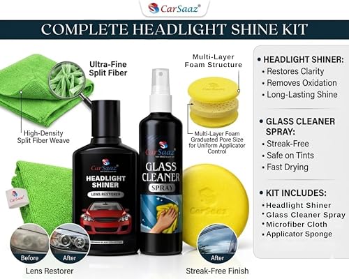 Image of CAR SAAZ Car Headlight Cleaning Kit | Headlight Shiner & Glass Cleaner Combo with Applicator Pad & Microfiber Cloth | Complete Restoration & Shining Kit for Vehicles Glass and Headlights