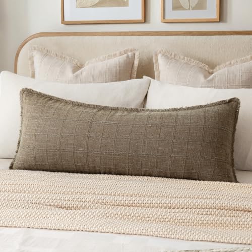 Image of Foindtower Set of 1 Decorative Linen Check Fringe Throw Pillow Cover Cozy Farmhouse Body Cushion Cover Modern Boho Home Decor for Sofa Chair Couch Bedroom Living Room Outdoor,14x36 Inch,Cocoa Brown