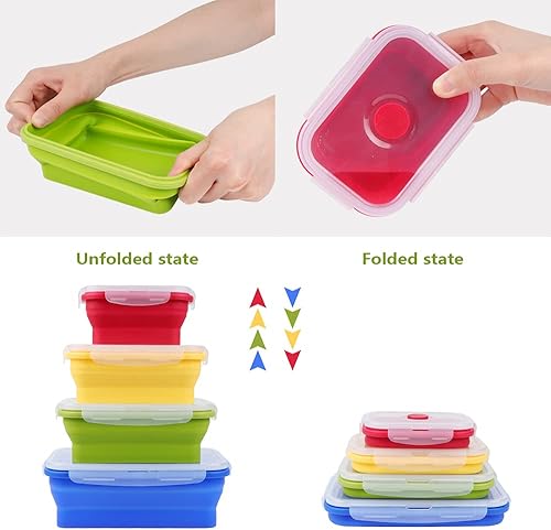 Miniatura 4 de VIGIND Juego de 4 recipientes plegables de silicona para almacenamiento de alimentos, caja de comida sobrante con tapas de plástico herméticas para