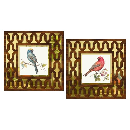 Image of Wooden Bird Painting Mirror Wall Decor Panel for Home Decor Living Room Bed Room Office (AD4, 12X12 Inches, Set of 2)