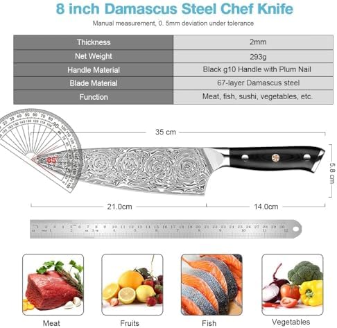 Chef's Knives, 8-inch Damascus Ultra Sharp Japanese Chef Knife With VG10 Steel Core, Full Tang G10 Handle, Pro Kitchen Knives