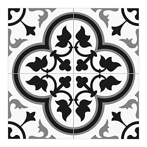 The Tiles Plaza Encaustic Peel and Stick Backsplash, Grey and White Patterned Vintage Stick on Tiles, Stone Composite Self-Adhesive Wall Tile Sticker for Kitchen Bathroom Fireplace Stairs, 10 Sheets