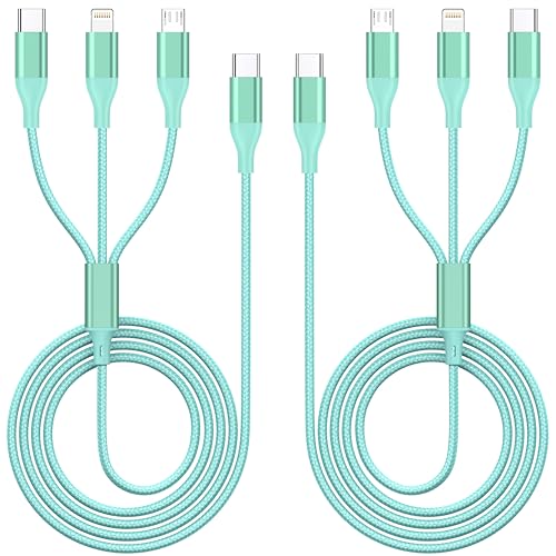 ShSiXin 3 in 1 Multi Charging Cable for Multiple Devices with USB-C/IP/Micro Port, USB Cable iPhone Charger Cord, Travel Car Charger Cord for iPhone17-8, Galaxy 25 Android iPad, 2Pack 4FT-Green