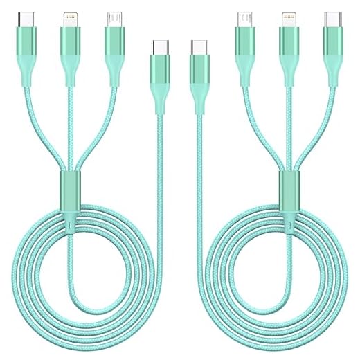 3 in 1 Charging Cable,Multi Charger Cable USB Phone Multiple Charger Cord | Universal Charging Cords with Multiple Connectors (2Pack 4FT) Type C,IP,Micro USB Cable for iPhone17-5,Galaxy,Green