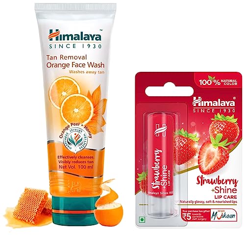 Image of Himalaya Herbals Strawberry Shine Lip Care, 4.5g & Himalaya Tan Removal Orange Face Wash, 100ml
