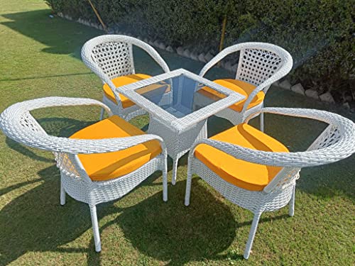 Image of Anaya Decor D-8 Chairs Table Set 4+1 Wicker Patio Furniture Sets 4 Chair and 1 Table with Cushions for Garden Balcony Bedroom Powder Coated Frame Uv Protected Wicker (Off White+Yellow)