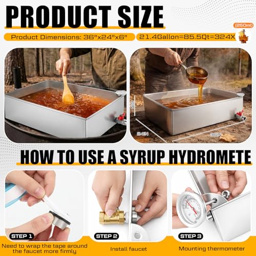 Image of Reallnaive 36x24x6 Inch Maple Syrup Evaporator Pan 22.5 GAL with 10 inch Cone Filter Holder Stand Cone Filter Paper Mechanical Thermometer Stainless Steel Maple Syrup Pan Boiling for Home Outdoor(1-tier)