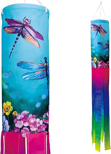 YMYIELD Calcetín de viento floral de libélula de 40 pulgadas, decoración duradera para colgar al aire libre para patio, jardín, patio, hogar y más