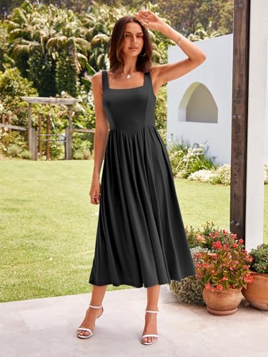 Image of Sureple Midi Dresses for Women 2026 Spring Square Neck Tank Sleeveless A Line Casual Summer Sundresses with Pockets