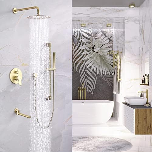 CHALIRS Shower Systems with 2 Modes Handheld,Brushed Gold 3 Functions Shower Faucet Sets Wall Mounted,Shower Fixture with Brass Valve,Complete Shower System Kit with Tub Spout,Shower Height Adjustable