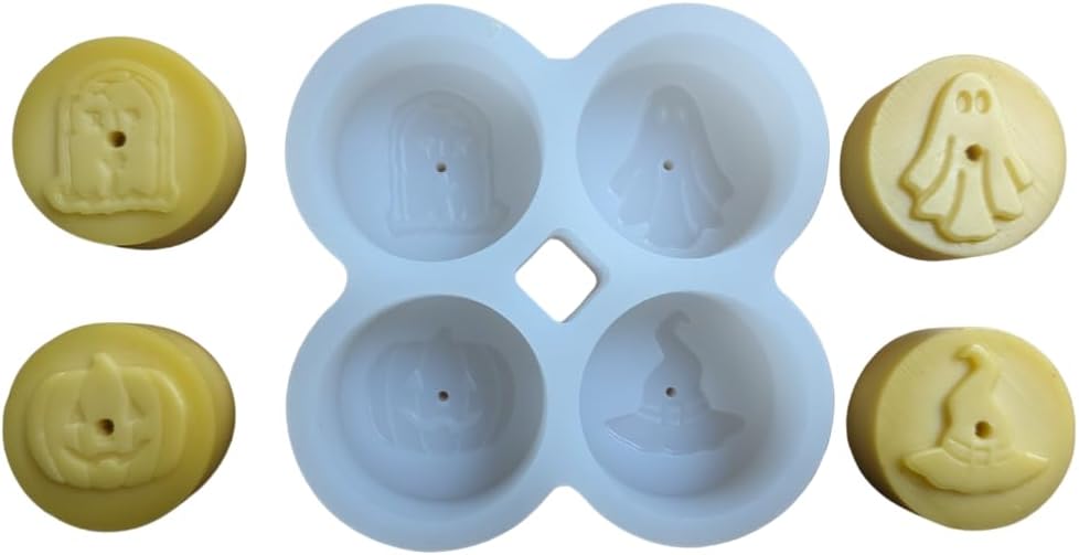 Silicone Tealight Candle Mold - Makes 4 x Tea Light Candles (Halloween Theme - Pumpkin, Witches Hat, Gravestone, Ghost)