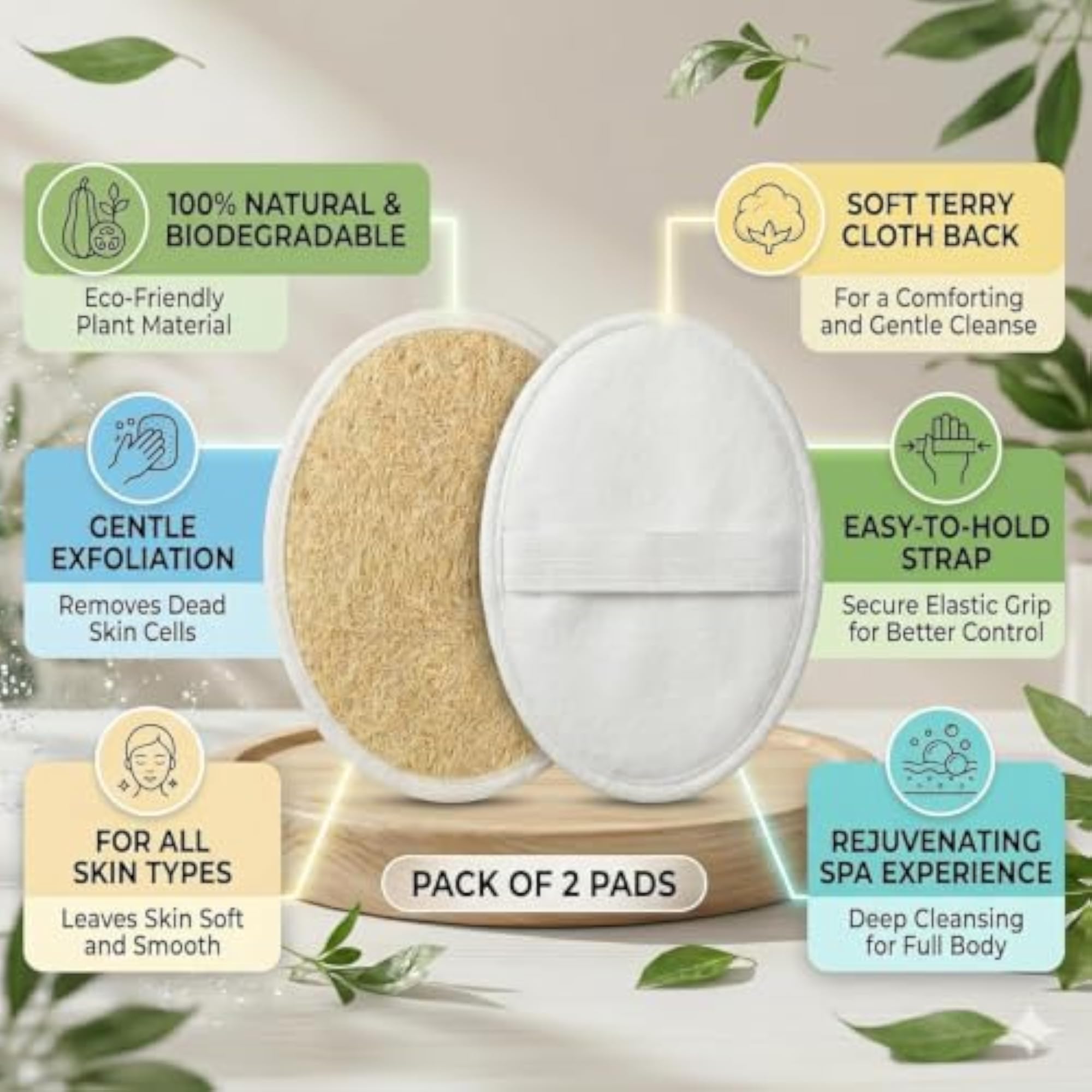 Natural Oval Loofah for Bathing, Gentle Exfoliation