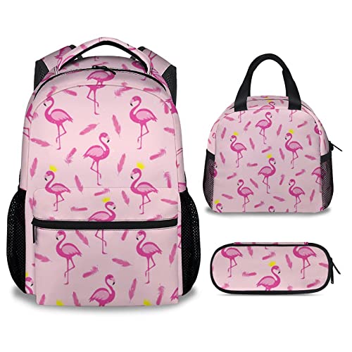 Flamingo Backpack with Lunch Box - Set of 3 School Backpacks Matching Combo - Cute Pink Bookbag and Pencil Case Bundle
