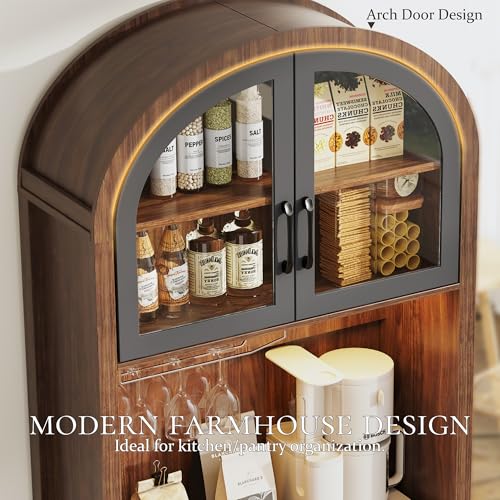Image of 75 inch Arched Kitchen Pantry Cabinet with Charging Station & LED Light, Tall Coffee Bar Liquor Cabinet, Modern Kitchen Hutch with Microwave Stand & Adjustable Shelf for Dining Room