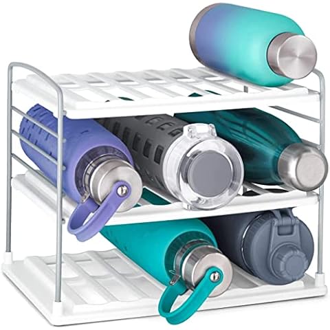 YouCopia UpSpace Adjustable Water Bottle Organiser for Kitchen Cupboard and Pantry Storage, Tumblers and Wine Bottle Holder, 3-Shelf, White Cover