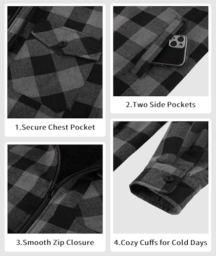 V VALANCH Men's Sherpa Lined Flannel Jacket with Hood – Zip Up Plaid Shirt Jacket Winter Outdoor Warm Outerwear Fleece Coat4