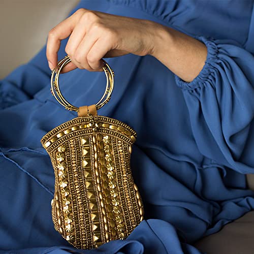 Bolsa Feminina em Tecido com Pedrarias Dourada
