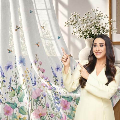 Image of HOKIPO Meadow Bloom Sheer Curtain 7 Feet Long 1 Panel, Bluebird Blossom