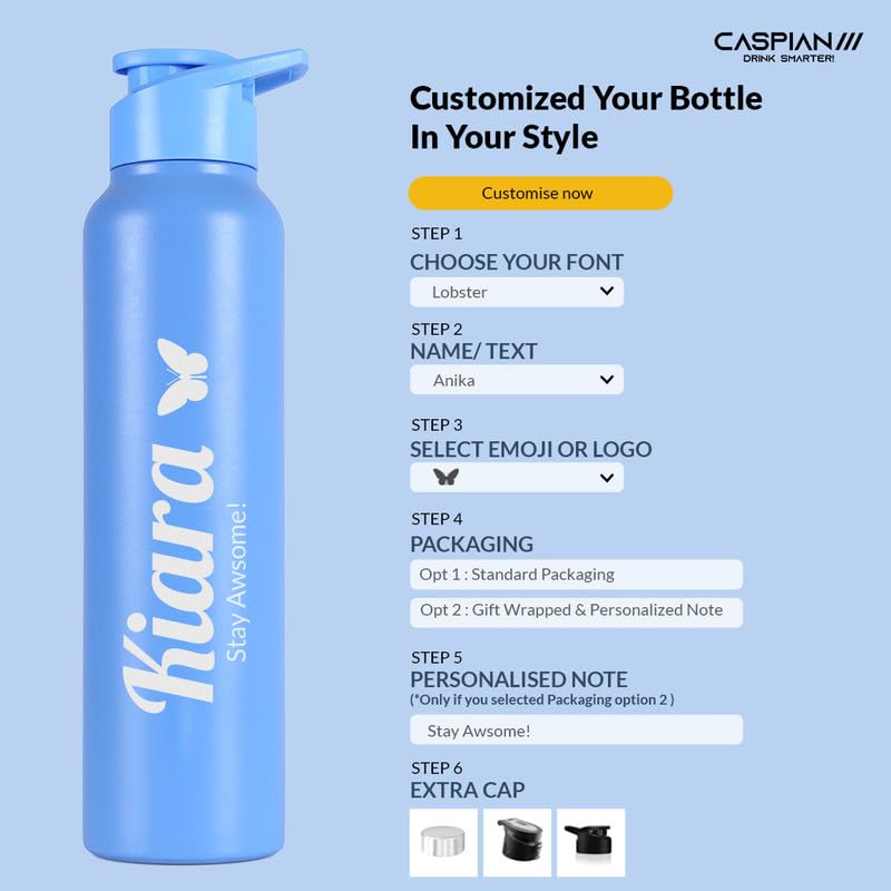 Image of CASPIAN / / / Hike Stainless Steel Customize Sipper Water Bottle Leak Proof Thunder for Fridge Home Office Travel School Kids Boys Girls Adults Sports Gym Yoga (R S Blue 1 Litre, Set of 1)