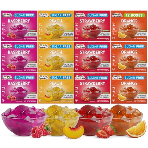 Simply Desserts Sugar-Free Jel Variety 12-Pack (Raspberry, Peach, Orange, Strawberry) — Vegan Dessert, Keto Snacks, Diabetic Friendly & Kosher, 1.7 Oz Ea