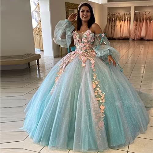 Youjiayi Puffy Sleeve Quinceanera Dresses with Bow 3D Floral Sweet 16 Dresses with Train Off Shoulder Lace Beaded Ball Gown4