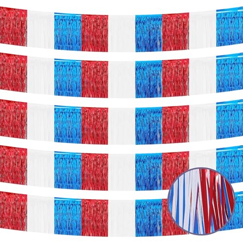 Image of 4th of July Decorations 5 Pack 10 Feet 4th of July Foil Fringe Garland Tinsel Streamers Patriotic Parade Float Fringe Star Hanging Backdrop Banner Table Skirts for Memorial Day Independence Day
