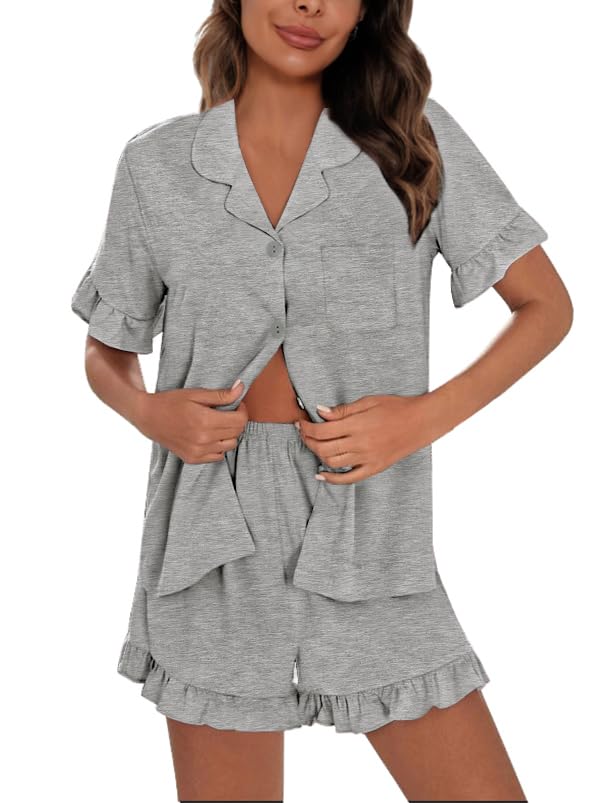 Image of SWOMOG Woman Pajama Set Short Sleeve Pjs Set 2Pcs Short Pajamas Button Down Ruffle Hem Sleepwear Soft Modal Loungewear