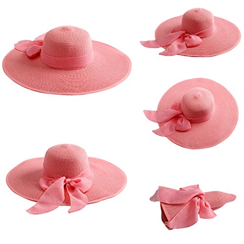 Image of Lanzom Womens Big Bowknot Straw Hat Floppy Foldable Roll up Beach Cap Sun Hat UPF 50+