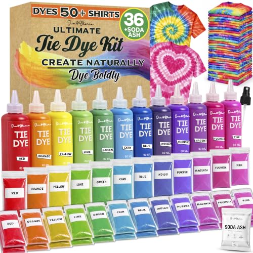 Jim&Gloria Tie Dye Kit, 36 Tiedye Powder 12 Larger Bottles Fabric Dyes for Clothing, Permanent Dye with Soda Ash Tie Dye Kits for Large Groups Paint Party...