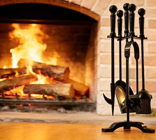 Kingson Juego moderno de herramientas de chimenea de hierro fundido Set de cepillo, pala, póquer y pinzas 19.5x17x46cm Elegantes accesorios para quemadores de leña y juego de utensilios para chimenea