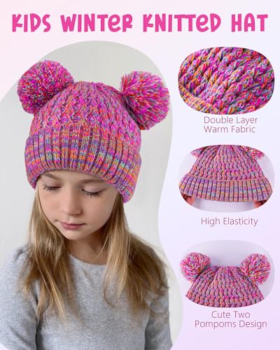 HONGTEYA 4 Pcs Kids Winter Hat Gloves Scarf Set, Thicken Warm Toddler Beanie Mittens Neck Warmer Set for Boys Girls 3-15 5